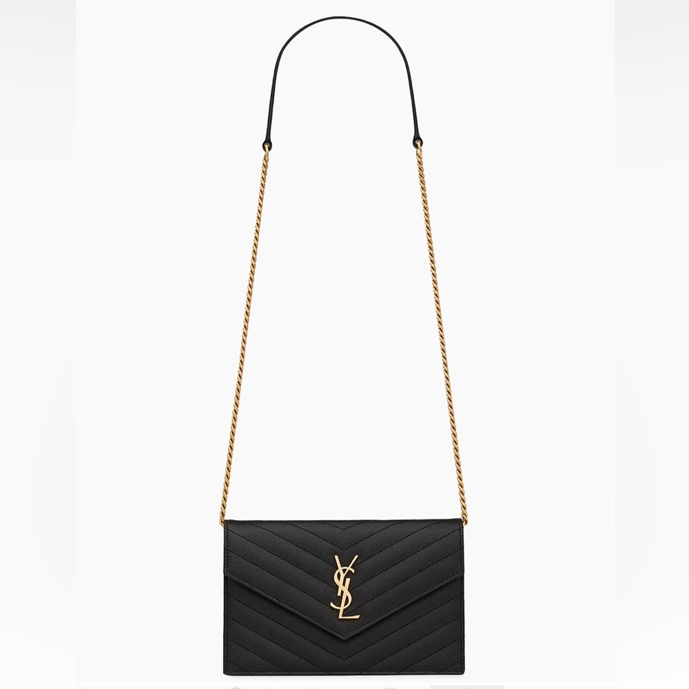 Saint Laurent Cassandre Envelope Chain Wallet in Grain De Poudre Leather